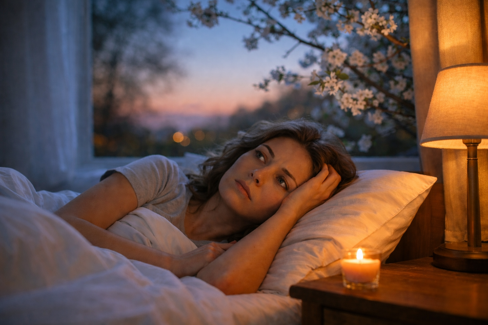 Frau liegt im Frühling wach im Bett – schlechter Schlaf durch längere Tage und Zeitumstellung