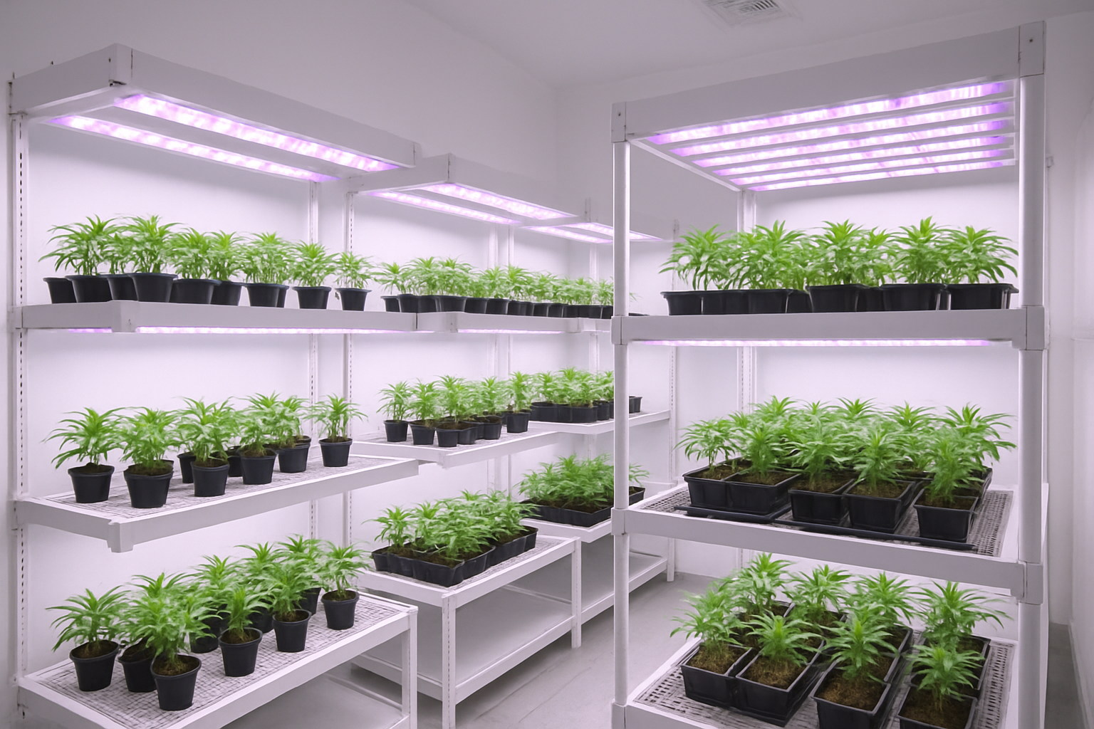 Cannabisstecklinge unter LED Beleuchtung in Pflanzenregalen