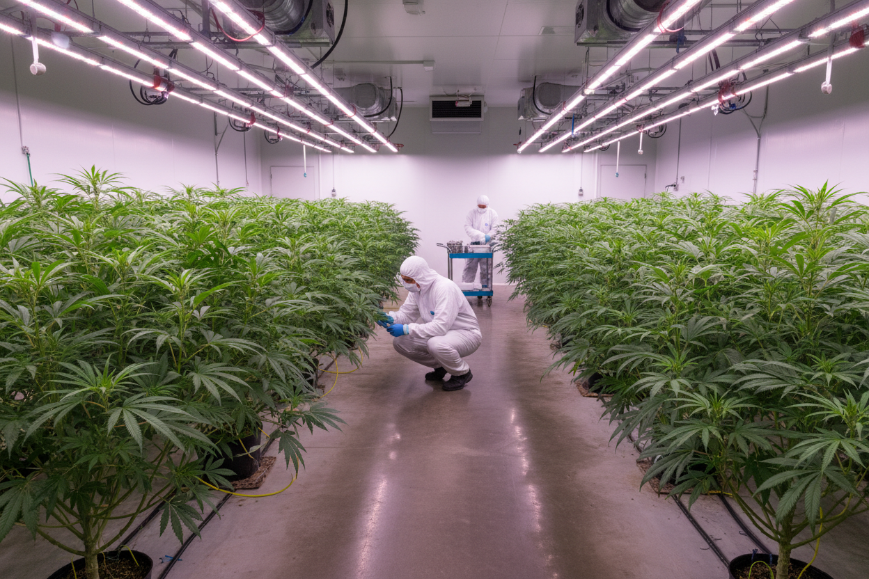 Mutterpflanzen im Growroom welche durch Mitarbeiter gepflegt werden